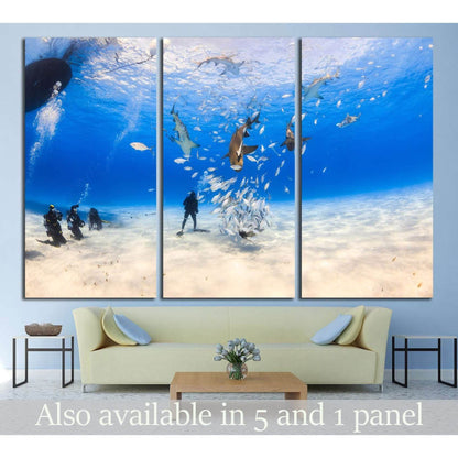 Diver surrounded by Lemon shark and caribbean reef shark on shallow clear water at Tiger beach, Bahamas №2372 Ready to Hang Canvas PrintCanvas art arrives ready to hang, with hanging accessories included and no additional framing required. Every canvas pr