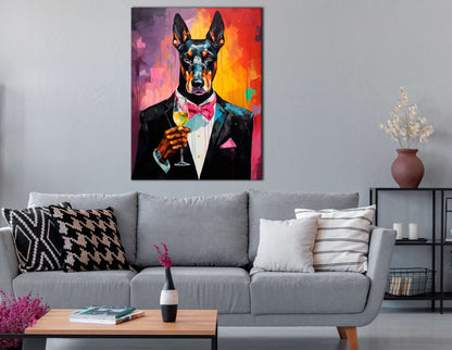 Doberman in Classy Suit Holding a Glass of Wine - Canvas Print - Artoholica Ready to Hang Canvas Print