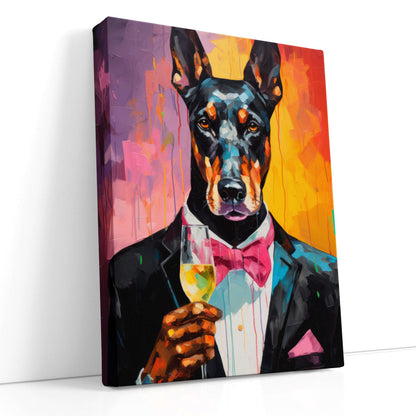 Doberman in Classy Suit Holding a Glass of Wine - Canvas Print - Artoholica Ready to Hang Canvas Print