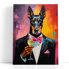 Doberman in Classy Suit Holding a Glass of Wine - Canvas Print - Artoholica Ready to Hang Canvas Print