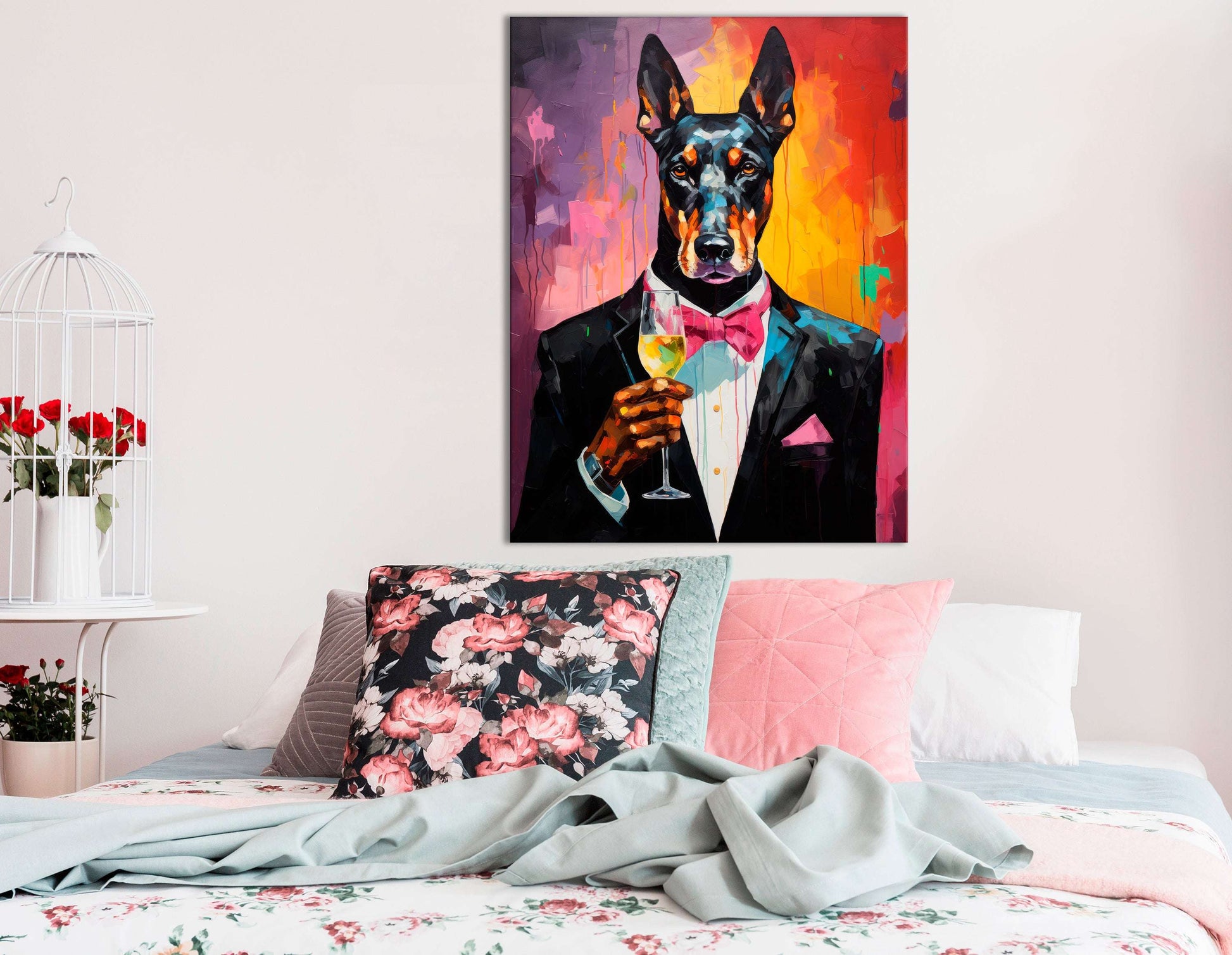 Doberman in Classy Suit Holding a Glass of Wine - Canvas Print - Artoholica Ready to Hang Canvas Print