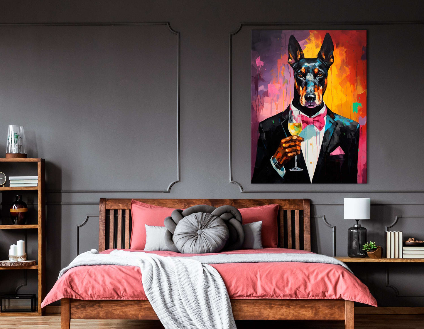 Doberman in Classy Suit Holding a Glass of Wine - Canvas Print - Artoholica Ready to Hang Canvas Print