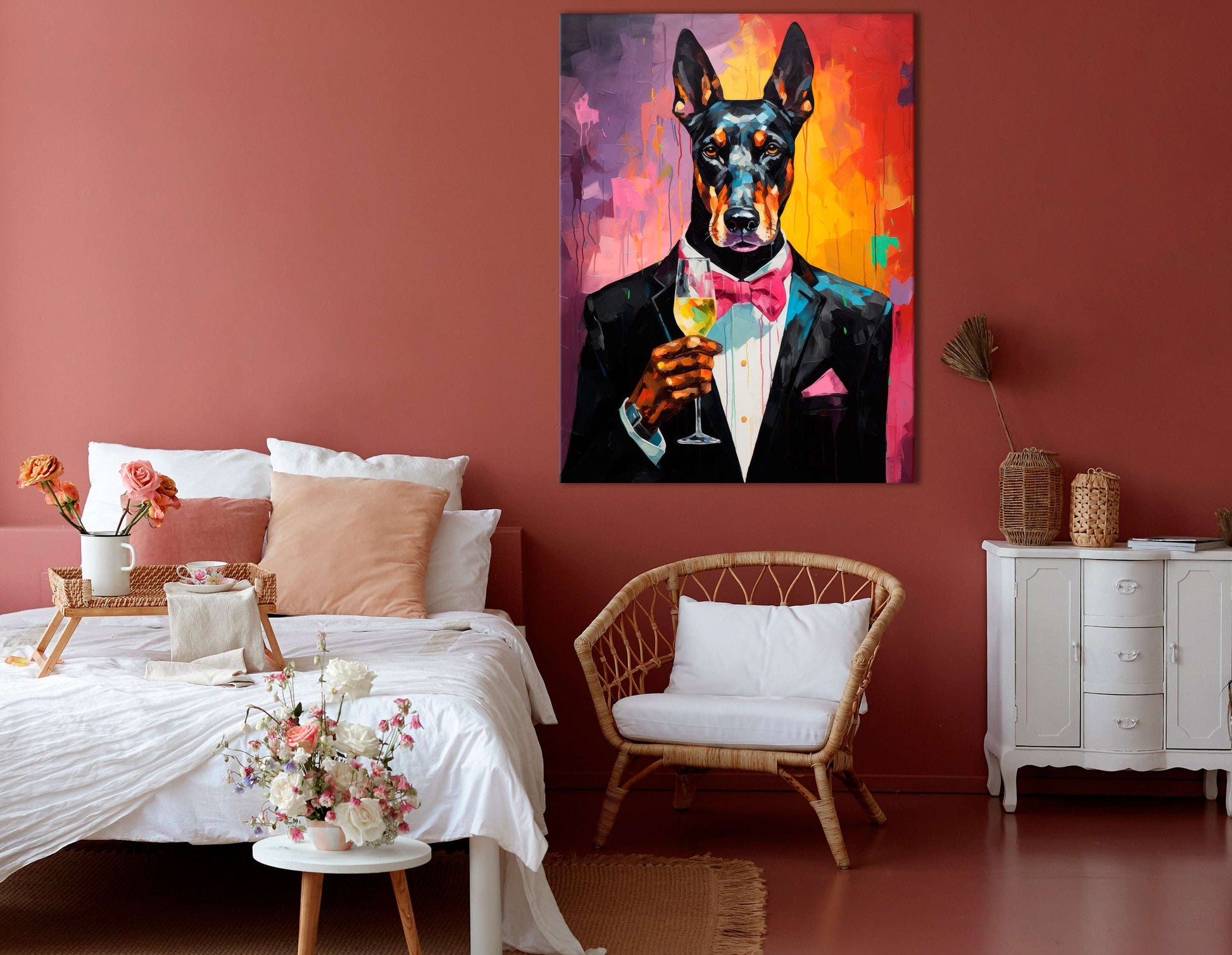 Doberman in Classy Suit Holding a Glass of Wine - Canvas Print - Artoholica Ready to Hang Canvas Print