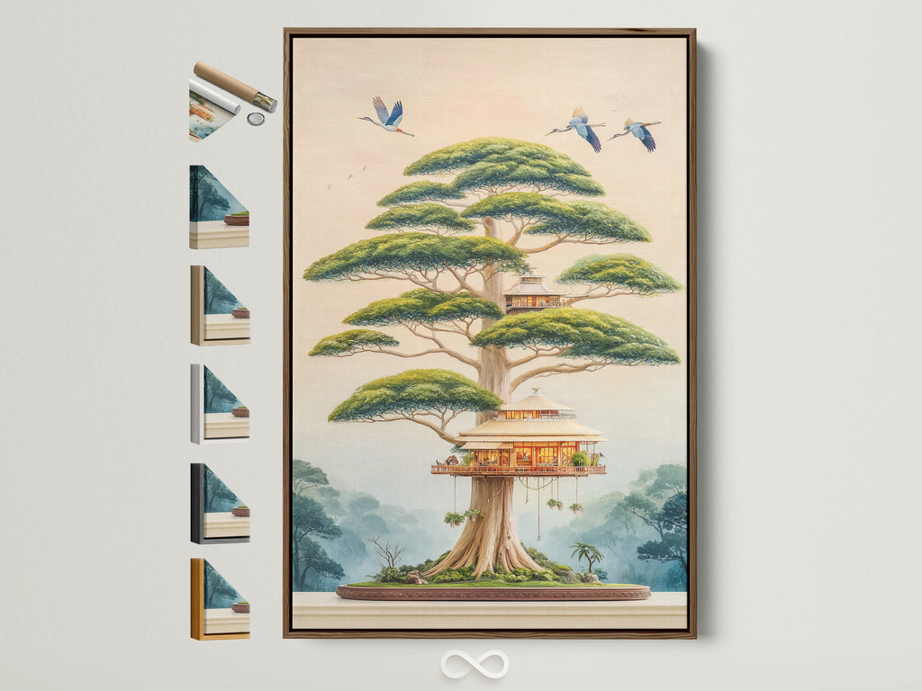 Explore framed Asian-inspired artwork featuring a Japanese Bonsai Tree House. View all frame finish options. This fantasy tree canvas print adds zen to meditation rooms and nurseries. Discover nature-inspired wall artwork for contemporary spaces.