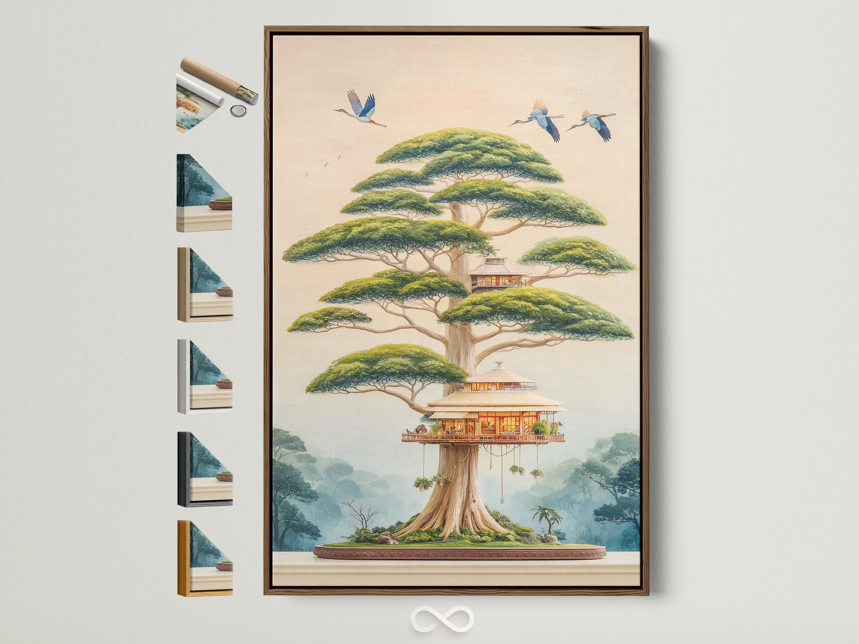 Explore framed Asian-inspired artwork featuring a Japanese Bonsai Tree House. View all frame finish options. This fantasy tree canvas print adds zen to meditation rooms and nurseries. Discover nature-inspired wall artwork for contemporary spaces.