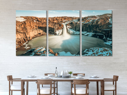 Iceland Waterfall Canvas Art - Dramatic Landscape Wall Decor, Brown Mountain Scenery, Nordic Style Living Room Art, Gift for Him
