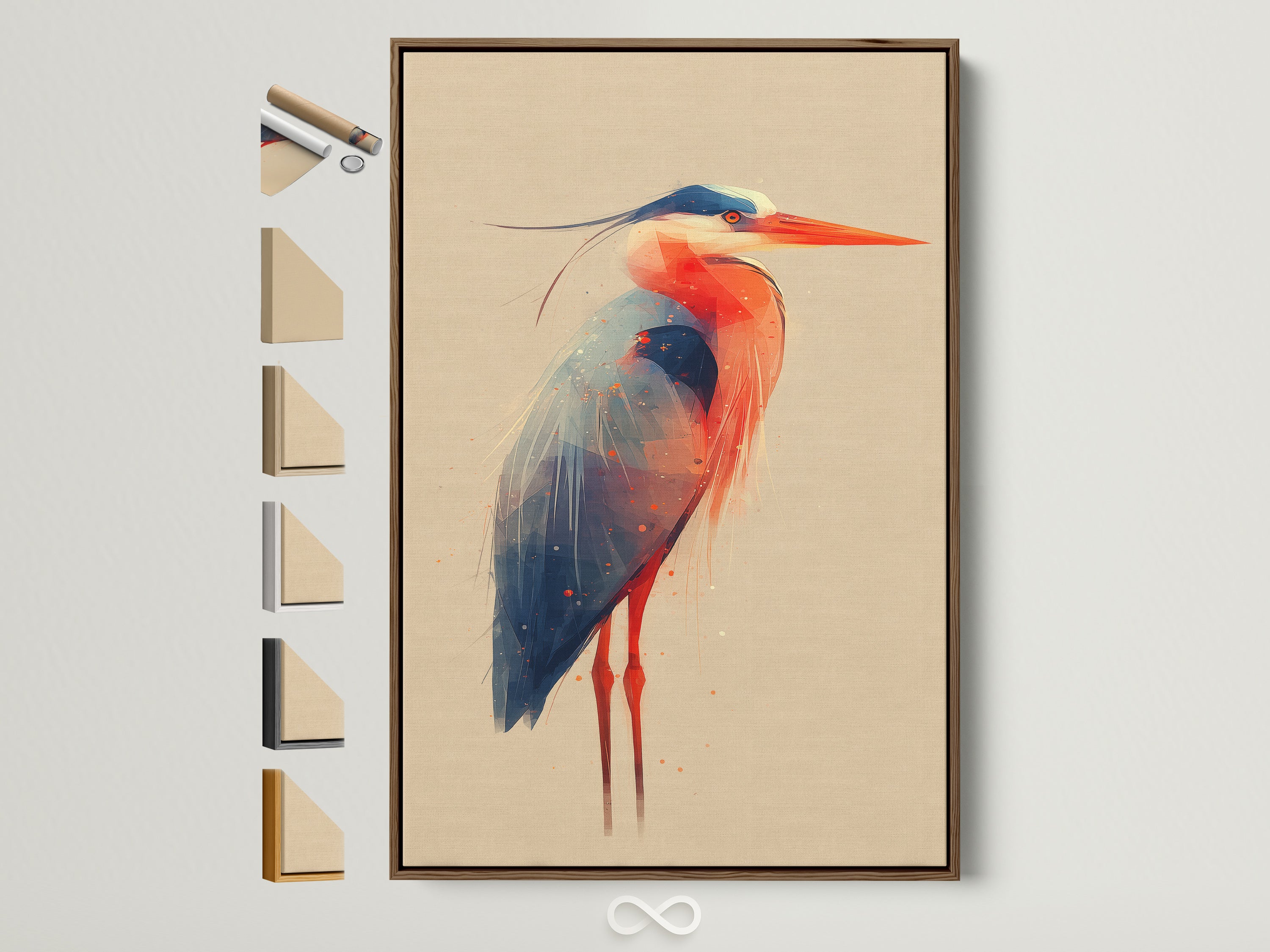 Explore frame options for your heron artwork. This brown frame showcases a colorful bird print. Discover various frame styles to enhance your coastal wall art. Find the perfect frame for your modern nature art and elevate your office decor.