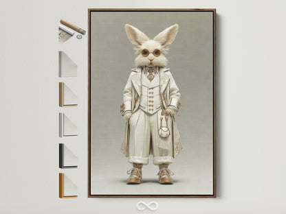 Victorian Steampunk Rabbit artwork is showcased in a brown frame. See all frame options available. This gentleman rabbit adds a quirky touch to any room. It's perfect Steampunk Animal Wall Art for eclectic homes. Consider this vintage-inspired piece for your office or living space.