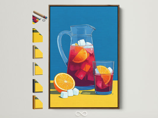 Sangria Pitcher artwork in a brown frame. See all frame options for your art. Find the perfect frame to match your style. This artwork brings summer vibes to your kitchen or dining room. It features vibrant orange and yellow hues.