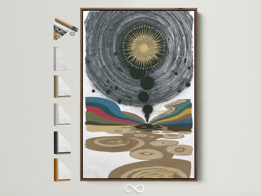 Explore custom framing options. A brown wooden frame is showcased with various frame styles displayed alongside. Find the perfect frame to complement your abstract sun art. Stretched canvas fine art poster or a floating frame are great choices for your artwork. View all available options.