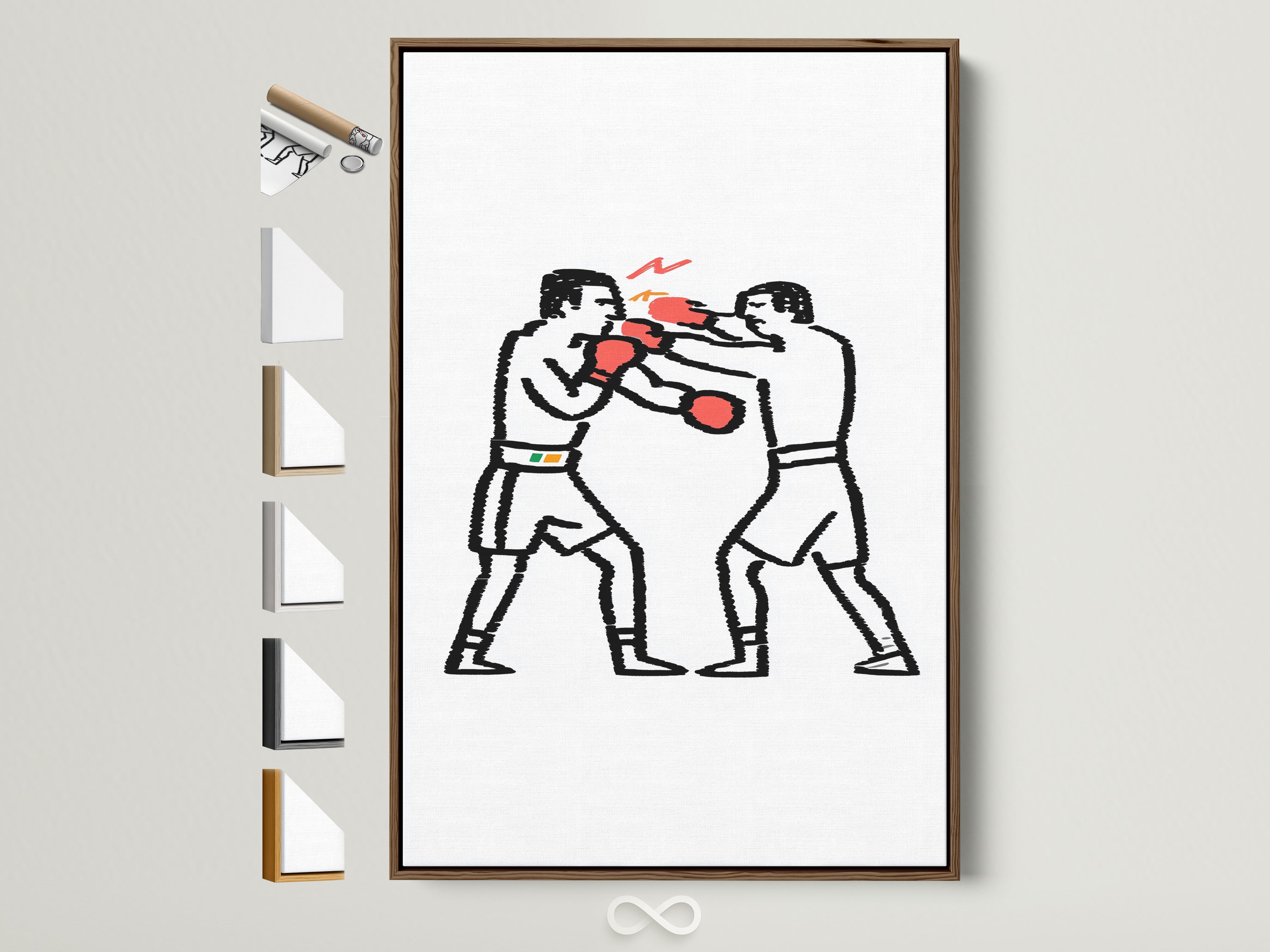 Minimalist Sport Wall Art featuring a boxing match. The artwork shows two boxers in red gloves ready to fight. The art is framed with a brown frame. Explore various frame options to match your style. Perfect gym decor or gift for a boxer.