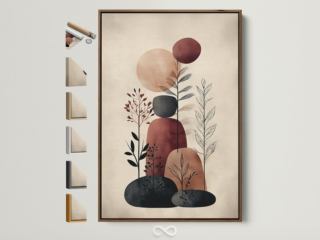 Boho style abstract botanical artwork in a brown frame. The artwork features neutral tones and geometric shapes. It's ideal for adding a touch of modern art to your home or office decor. See all frame options available to customize to your liking.