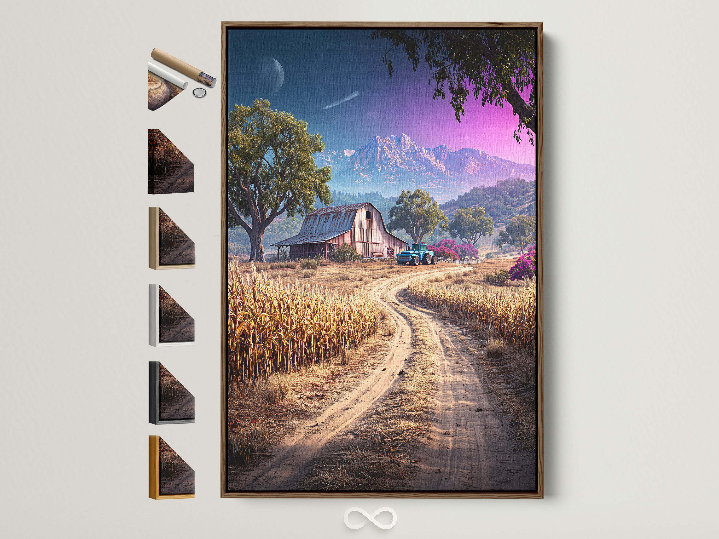 Farm Landscape artwork in a brown frame. The rustic barn wall art features a golden field and a countryside scene. The artwork has all frame options displayed. It is perfect farmhouse wall decor for a dining room or living room. Add country charm to your home with this vintage farm art.