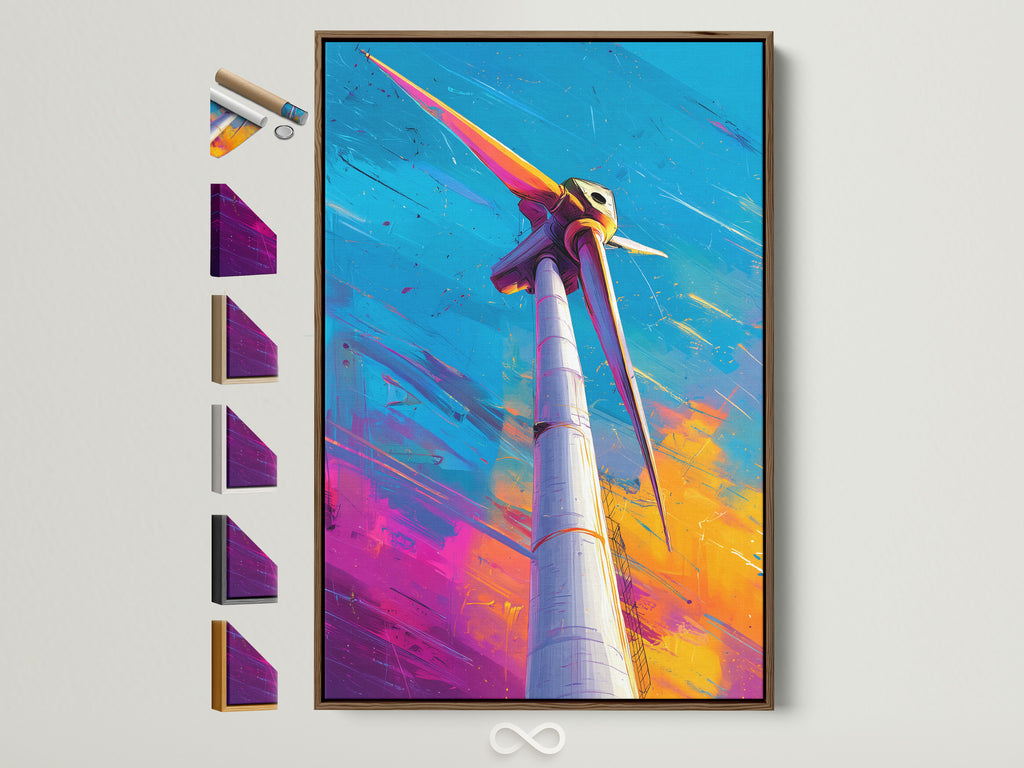 A vibrant artwork of a wind turbine is framed in a warm brown frame. The art print is mounted on a white wall. Various frame options are displayed. Explore framing choices for your artwork today.