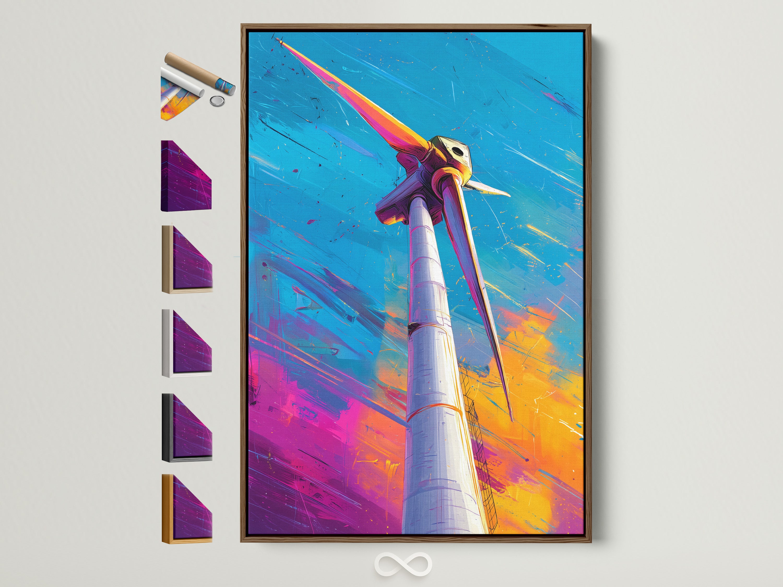 A vibrant artwork of a wind turbine is framed in a warm brown frame. The art print is mounted on a white wall. Various frame options are displayed. Explore framing choices for your artwork today.