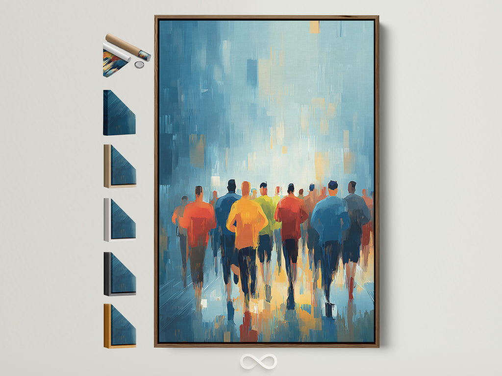Modern sports wall art featuring marathon runners in abstract painting style. The artwork is framed in a brown frame. All available frame options are displayed on the side. Perfect for gym decor or office wall art.