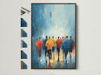 Modern sports wall art featuring marathon runners in abstract painting style. The artwork is framed in a brown frame. All available frame options are displayed on the side. Perfect for gym decor or office wall art.