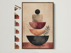 Abstract Stacking Canvas Print in a brown frame. This terracotta geometric wall artwork features modern neutral tones. Ideal for adding minimalist charm to living spaces. Frame options are visible on the side. Perfect for office decor or boho wall art.