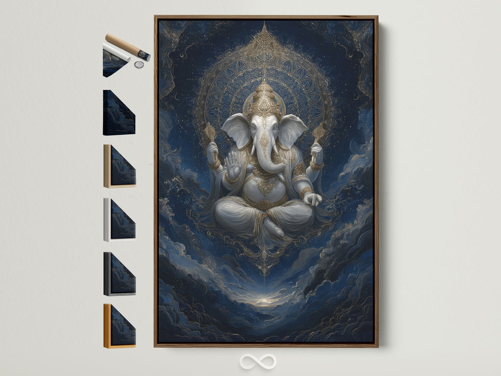 Ganesha Canvas Print in a Brown Frame. This Hindu God wall art features an elephant deity perfect for meditation room decor. The artwork has spiritual symbolism. Notice the frame options displayed on the side.
