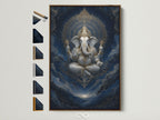 Ganesha Canvas Print in a Brown Frame. This Hindu God wall art features an elephant deity perfect for meditation room decor. The artwork has spiritual symbolism. Notice the frame options displayed on the side.