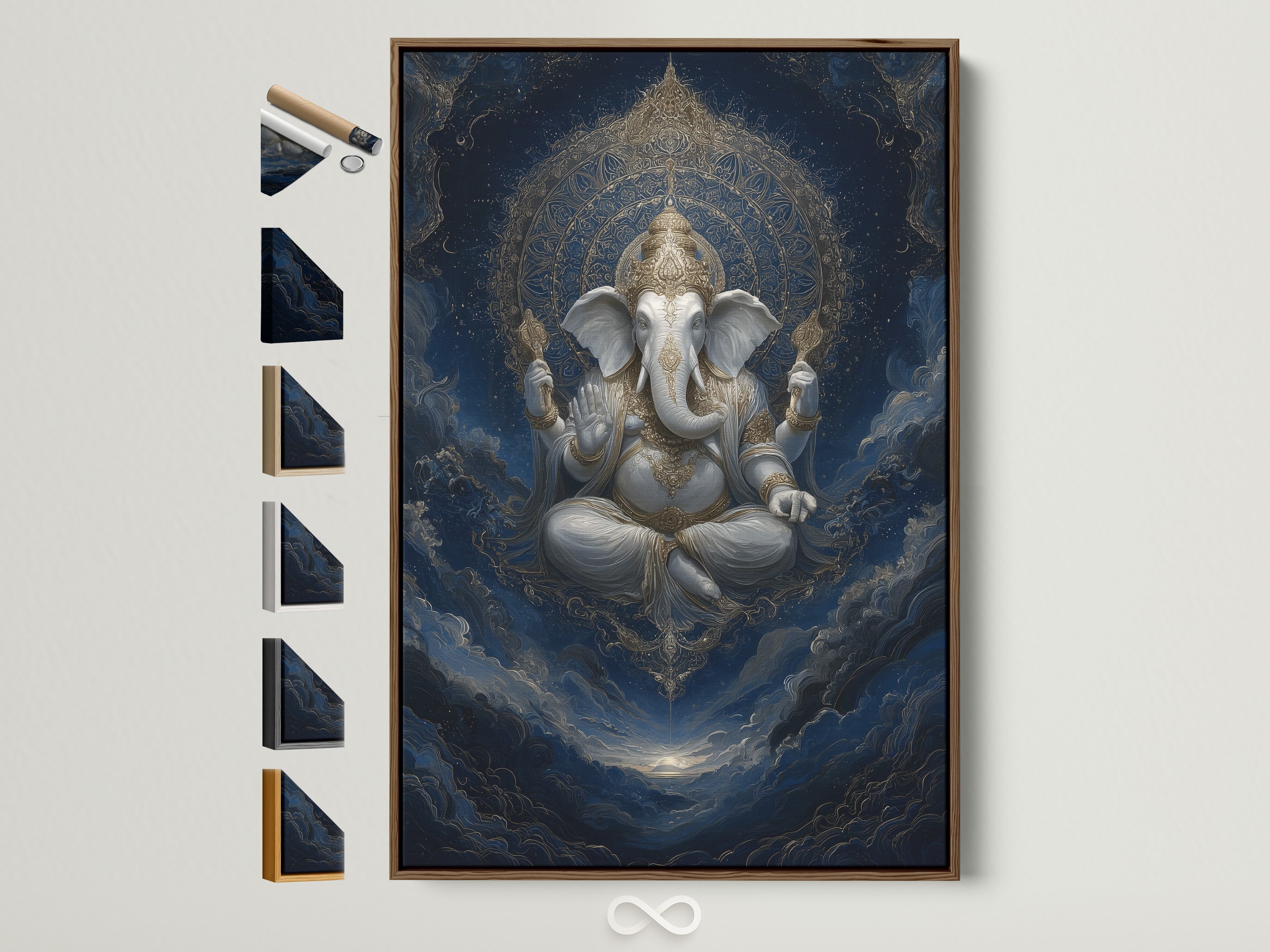 Ganesha Canvas Print in a Brown Frame. This Hindu God wall art features an elephant deity perfect for meditation room decor. The artwork has spiritual symbolism. Notice the frame options displayed on the side.