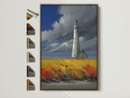 Lighthouse coastal artwork with a brown frame. This nautical artwork adds a touch of seaside charm to any entryway. Explore our framed canvas options. Discover the perfect framed art to complement your beach house decor and coastal style. A bicycle rests in the yellow and red field.