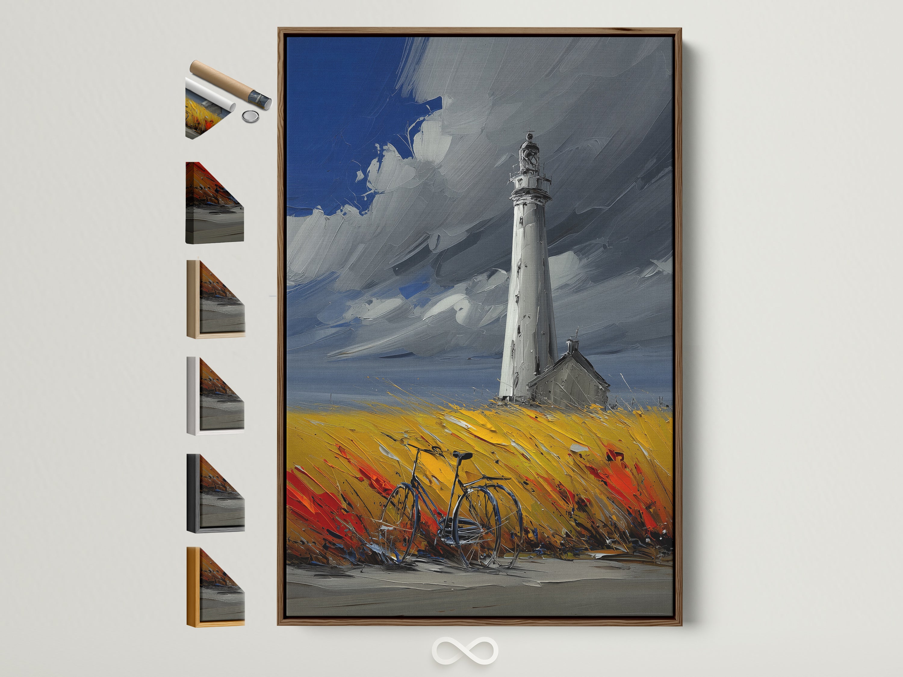 Lighthouse coastal artwork with a brown frame. This nautical artwork adds a touch of seaside charm to any entryway. Explore our framed canvas options. Discover the perfect framed art to complement your beach house decor and coastal style. A bicycle rests in the yellow and red field.