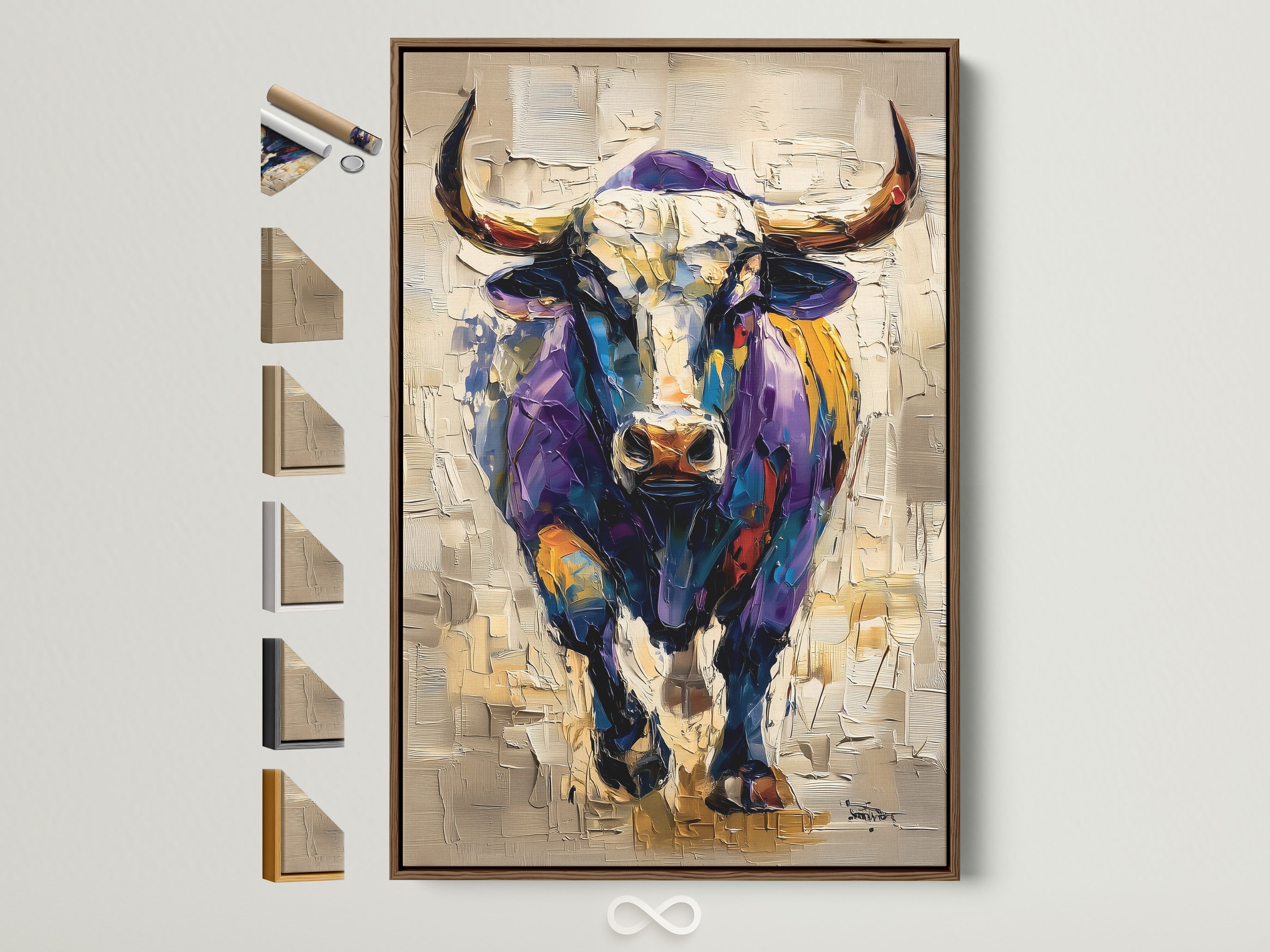 Framed artwork of a bull in a brown frame. Frame options are displayed on the side. This piece would look great in any room. It is a unique and eye-catching piece of art. The artwork is sure to add character to any space. Consider this stunning art for your home.