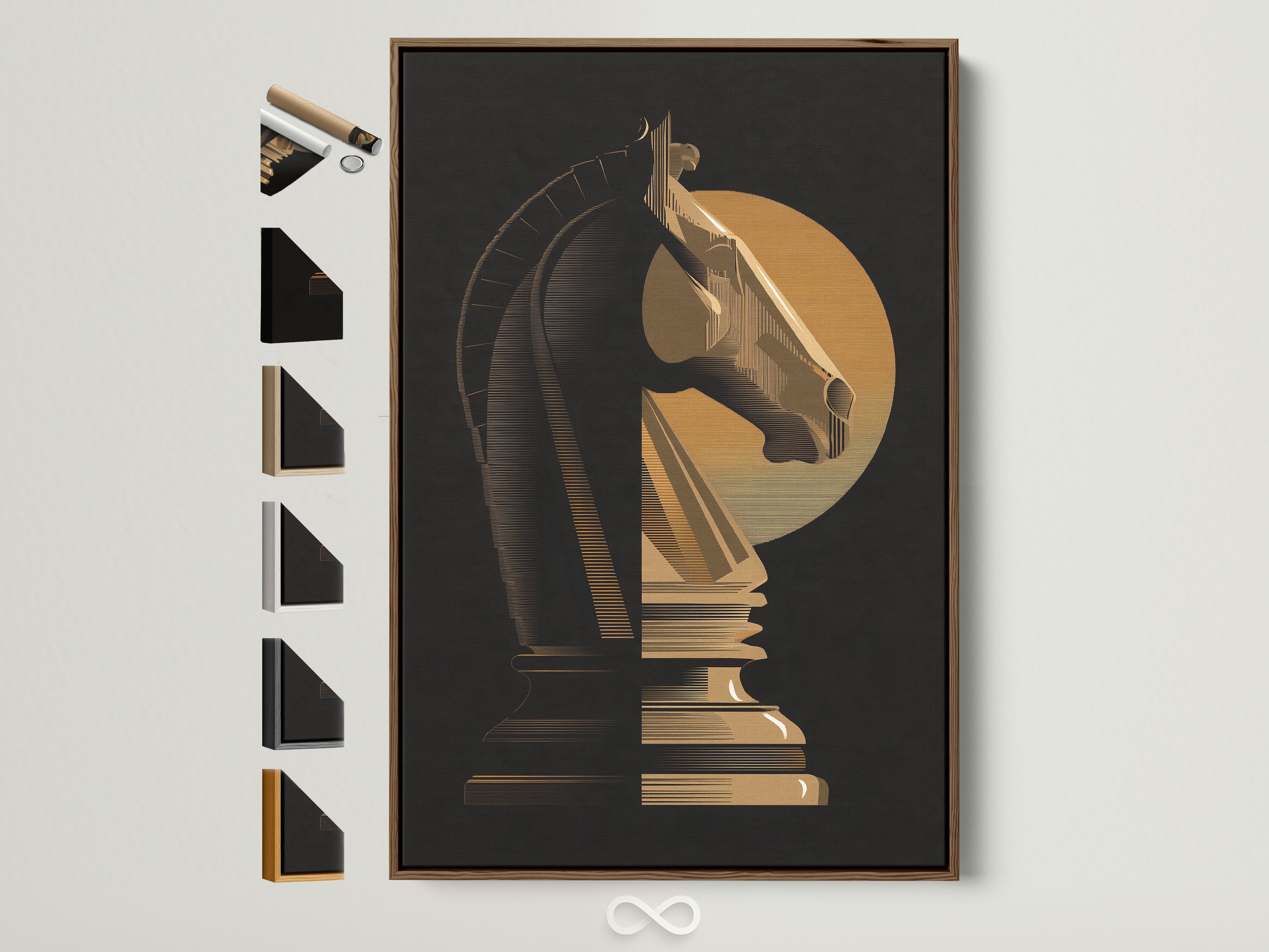 Artwork featuring a chess knight is displayed in a brown frame. This art is available in various frame options. Explore frame styles to complement your artwork. Find the perfect frame to enhance your living space. See all the frame options on the side.