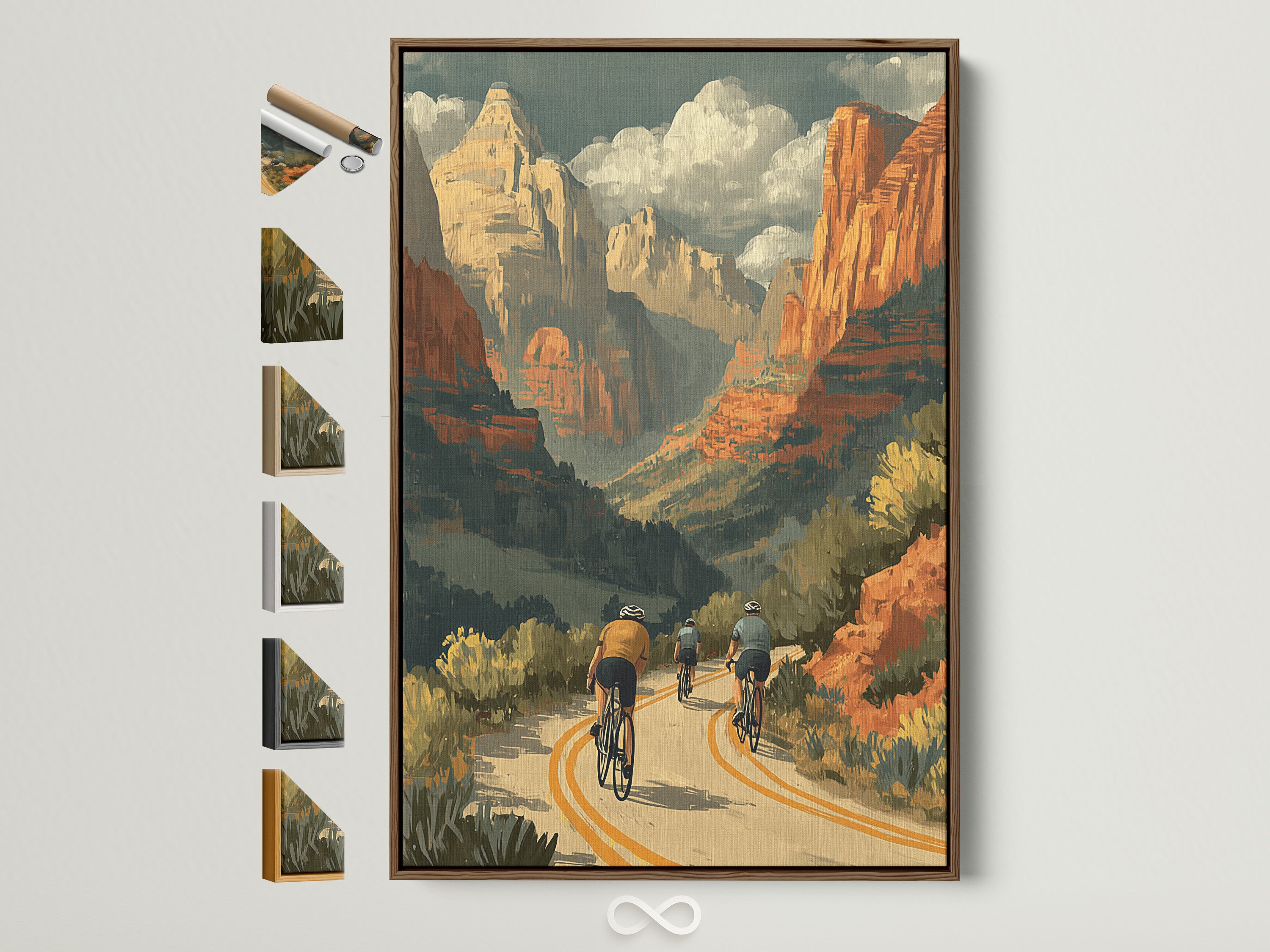 Vintage cycling poster in a brown frame. The artwork features a desert canyon wall art scene. Cyclists ride along a winding road. This retro travel print adds a touch of adventure to any office or home. The frame options are visible on the side. A great choice for Southwestern Wall Art.