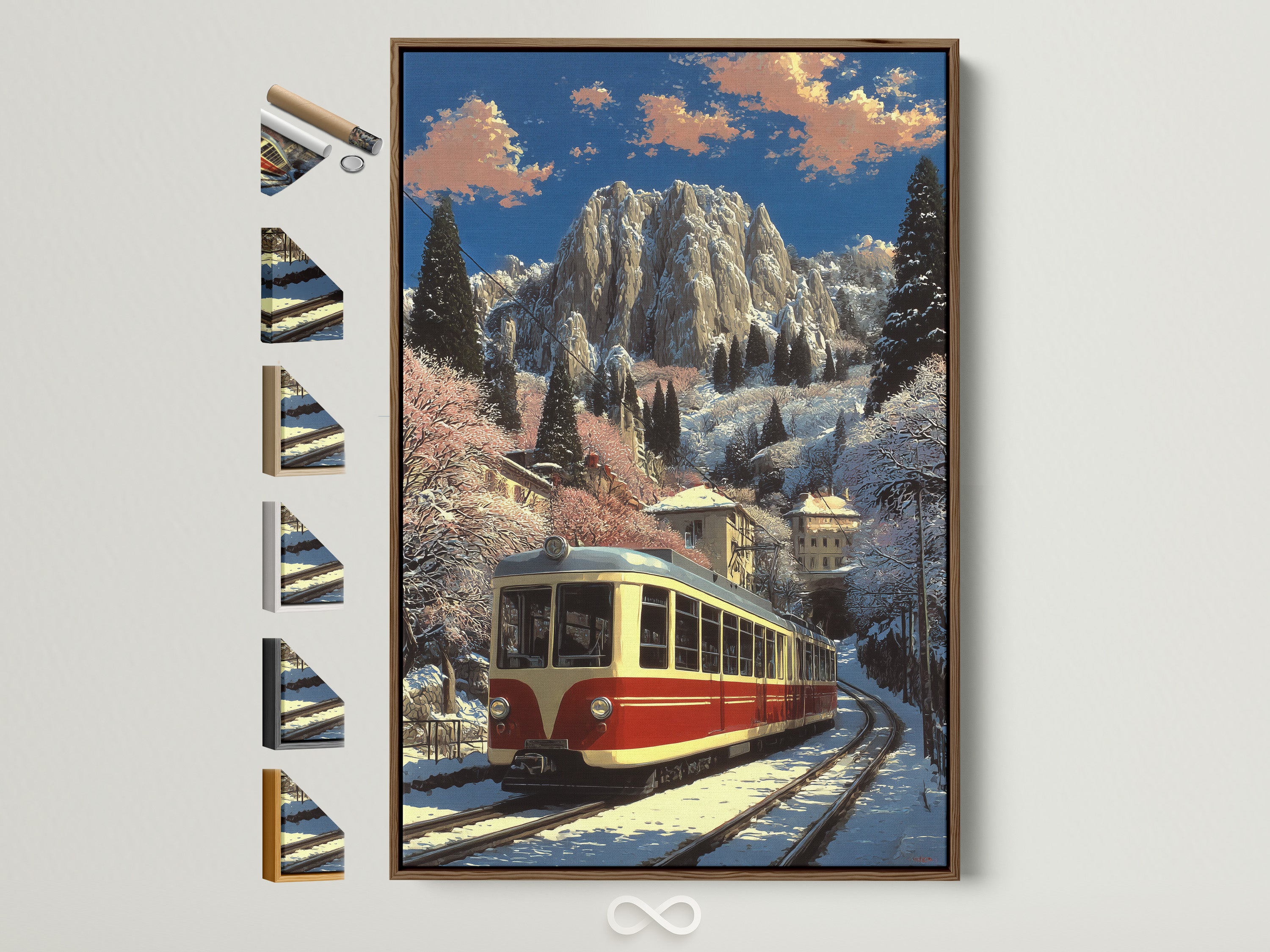 Vintage train artwork in a brown frame. The art depicts an alpine mountain railway in a winter landscape. The frame options are displayed on the side. Perfect for adding a lodge style to your home.