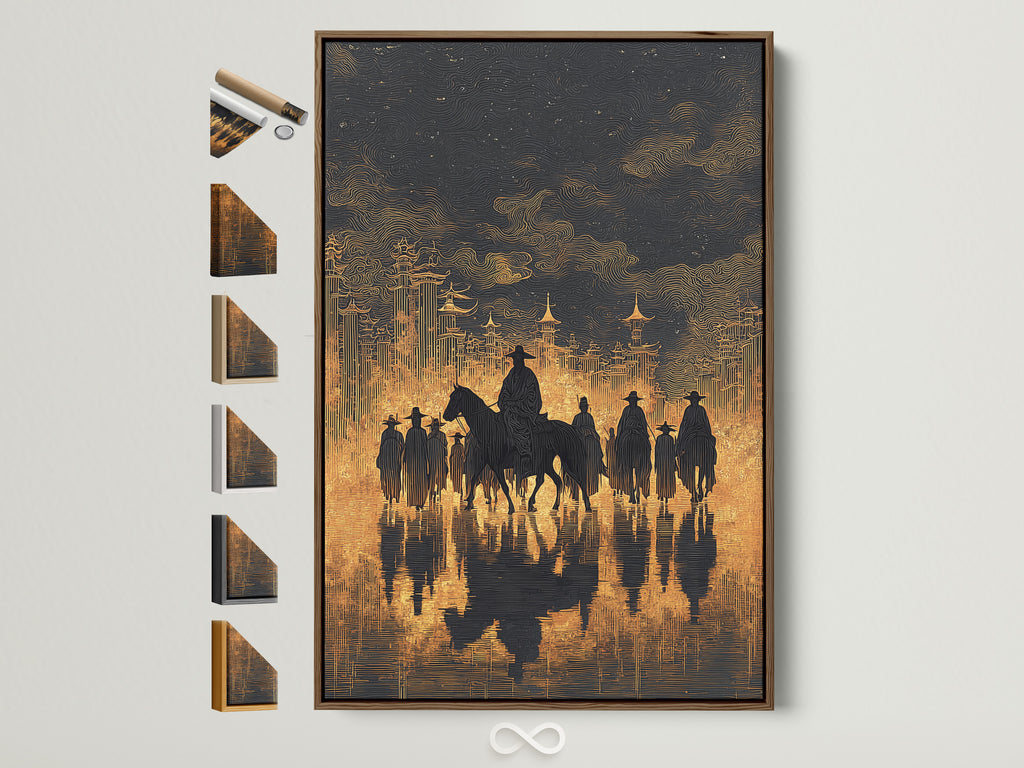 Western Cowboys Canvas Print framed in brown. All frame options are visible on the side. This vintage horseback silhouette wall art will add rustic country decor to your den. A perfect wall decoration.