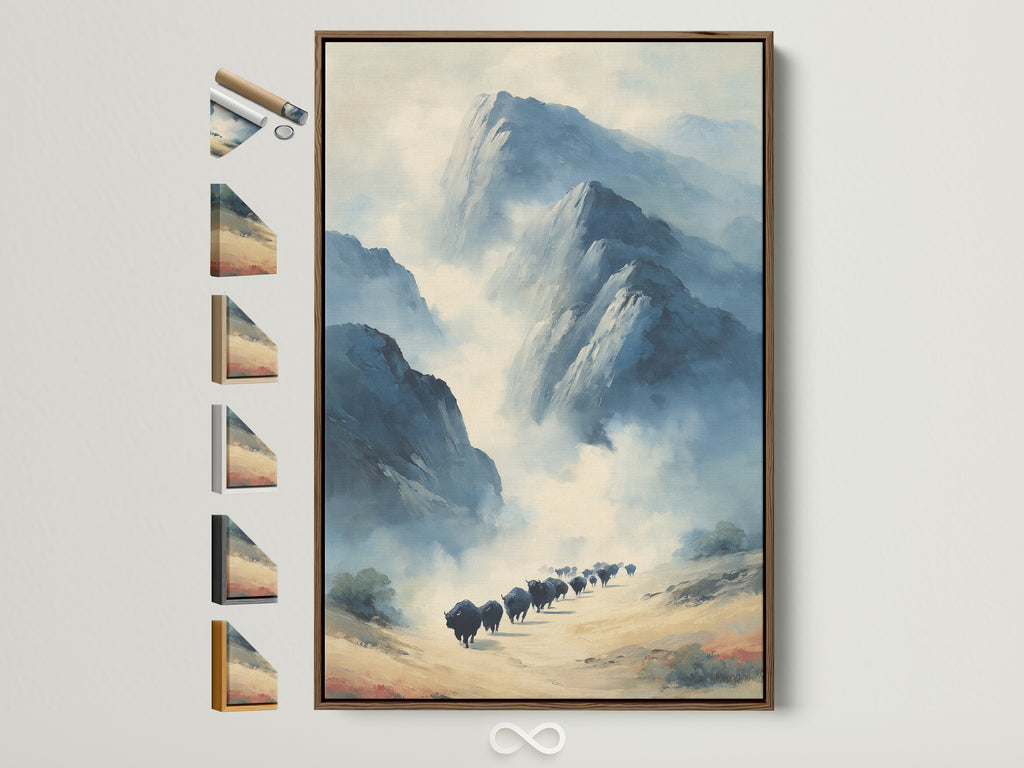 A framed buffalo artwork is displayed showcasing available frame options. This mountain landscape wall art adds a rustic touch to any space. The neutral tones create a calming atmosphere. Perfect for office decor or home wall art. Choose your ideal frame to complement this bison artwork. Explore various frames to match your unique style.