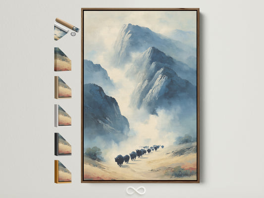 A framed buffalo artwork is displayed showcasing available frame options. This mountain landscape wall art adds a rustic touch to any space. The neutral tones create a calming atmosphere. Perfect for office decor or home wall art. Choose your ideal frame to complement this bison artwork. Explore various frames to match your unique style.