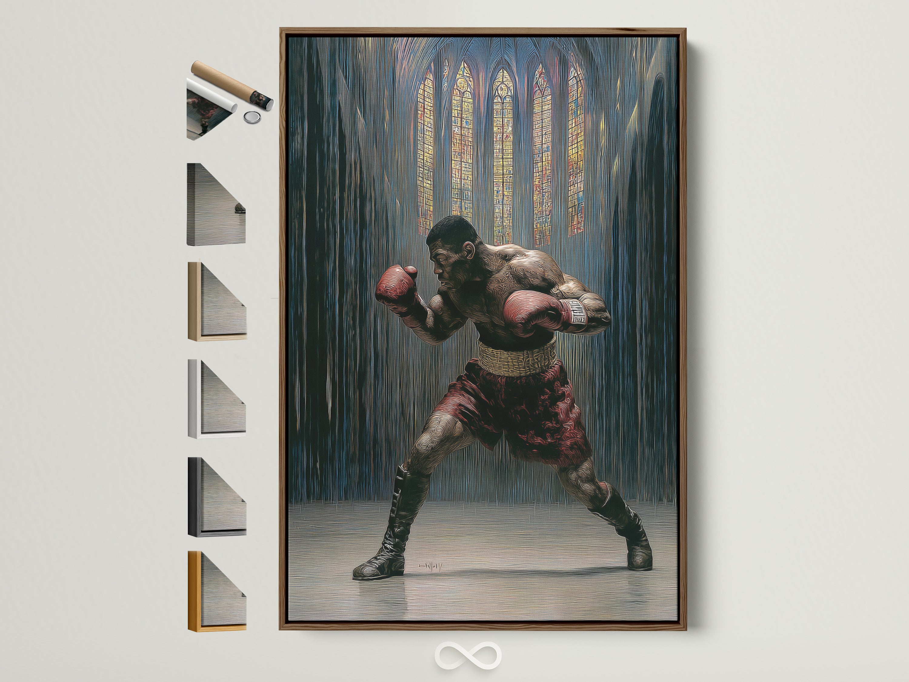 Vintage boxing artwork with a brown frame is displayed. See all available frame options. This gothic sports canvas print is ideal for man cave decor. The fighter wall art adds a unique touch to any space. Elevate your sports room decor with this vintage-inspired piece. It captures the essence of boxing history.
