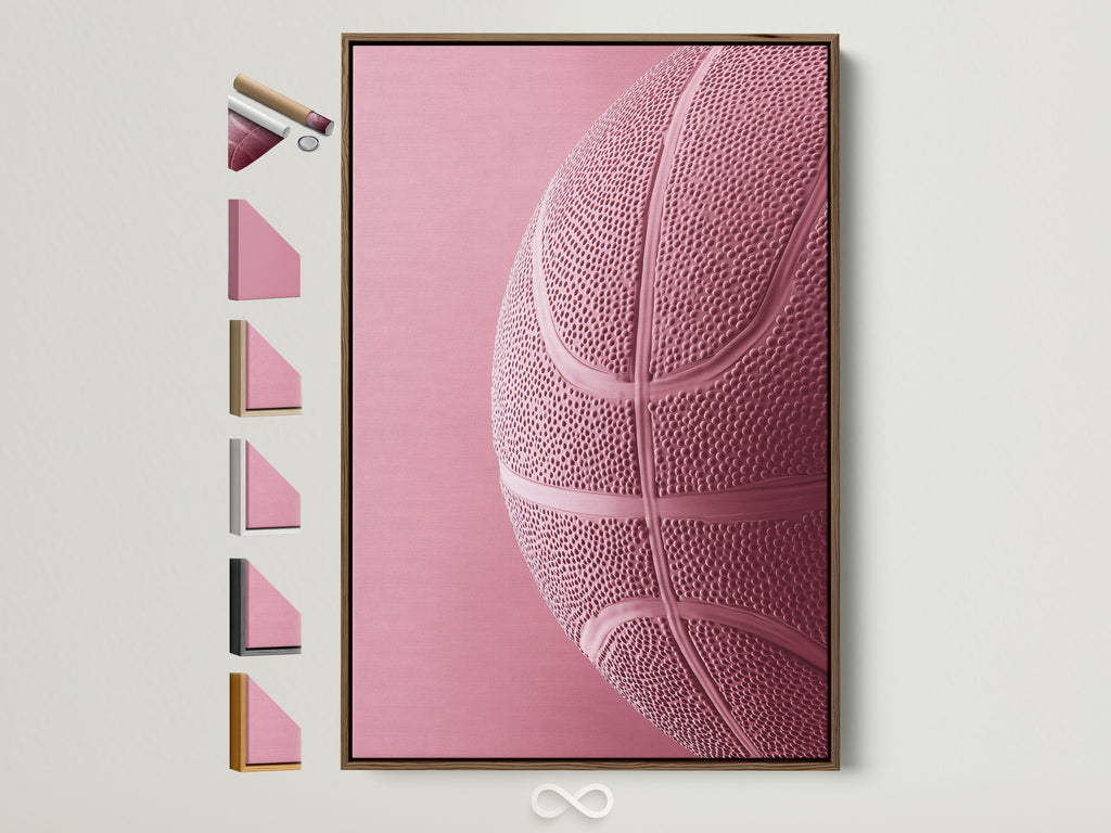Brown frame with frame options. A pink basketball artwork is displayed. The art is framed in a brown frame. Explore various frame choices to complement your unique interior. Find the perfect frame to showcase your style and artwork.
