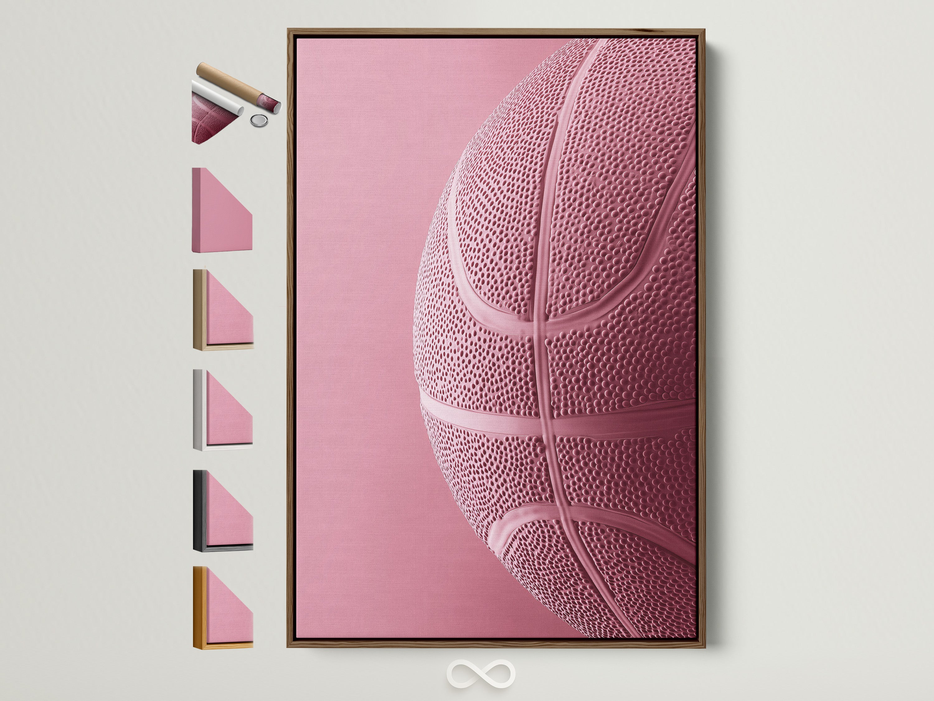 Brown frame with frame options. A pink basketball artwork is displayed. The art is framed in a brown frame. Explore various frame choices to complement your unique interior. Find the perfect frame to showcase your style and artwork.
