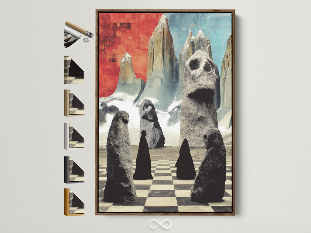 A surreal stone figures art print is displayed in a brown frame. The frame options are showcased beside it. This abstract landscape canvas print adds modern flair to any room. Perfect for minimalist and eclectic home decor styles.