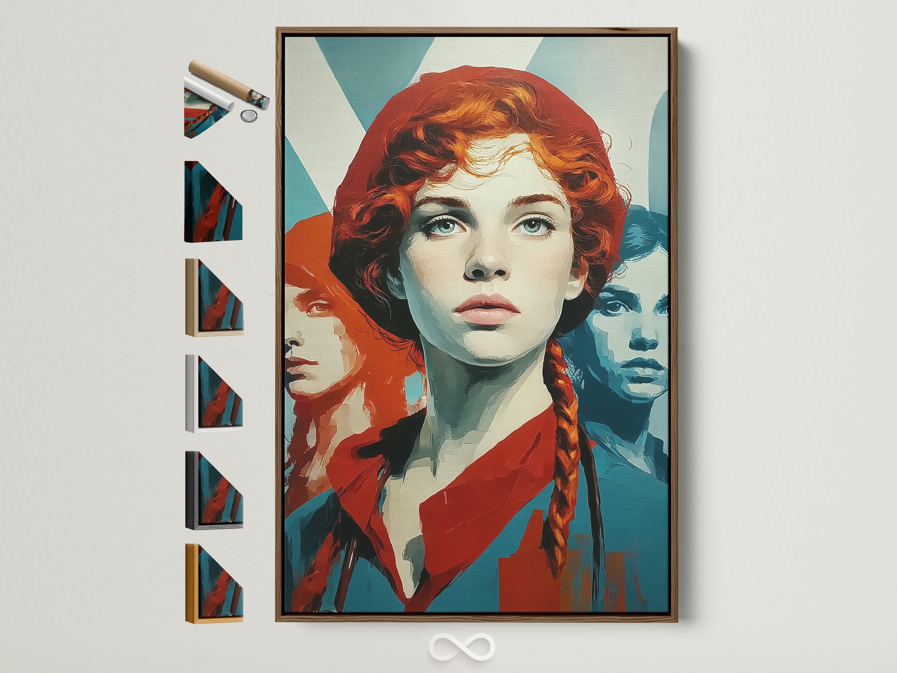 Retro Woman Art in a Brown Frame. This vintage pop art style wall decor is perfect for a bedroom or office space. The artwork features red hair and teal orange hues. Elevate your space with this modern portrait.