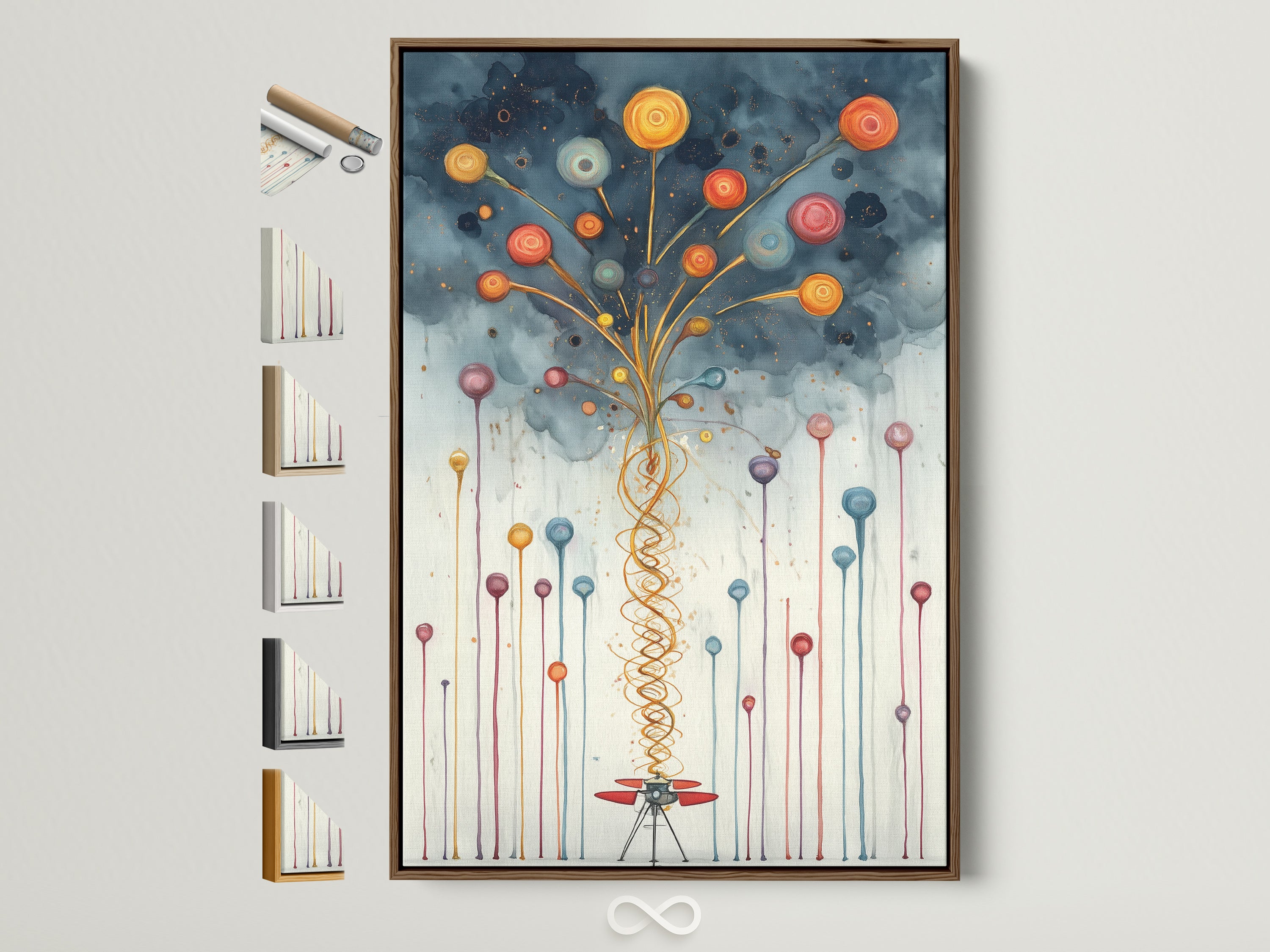 Brown frame showcasing a whimsical balloon canvas print. This modern artwork brings a playful touch to any space. See all frame options available on the side. Perfect for adding color to a nursery or playroom. A contemporary piece that elevates your wall decor.