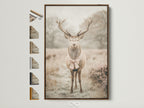 A whimsical deer canvas print is displayed in a brown frame. The frame is surrounded by various frame options. It showcases the variety available for this vintage animal wall art. Perfect woodland nursery decor with a bow tie for a bedroom. Rustic Wall Art that complements country vintage or eclectic decor styles.