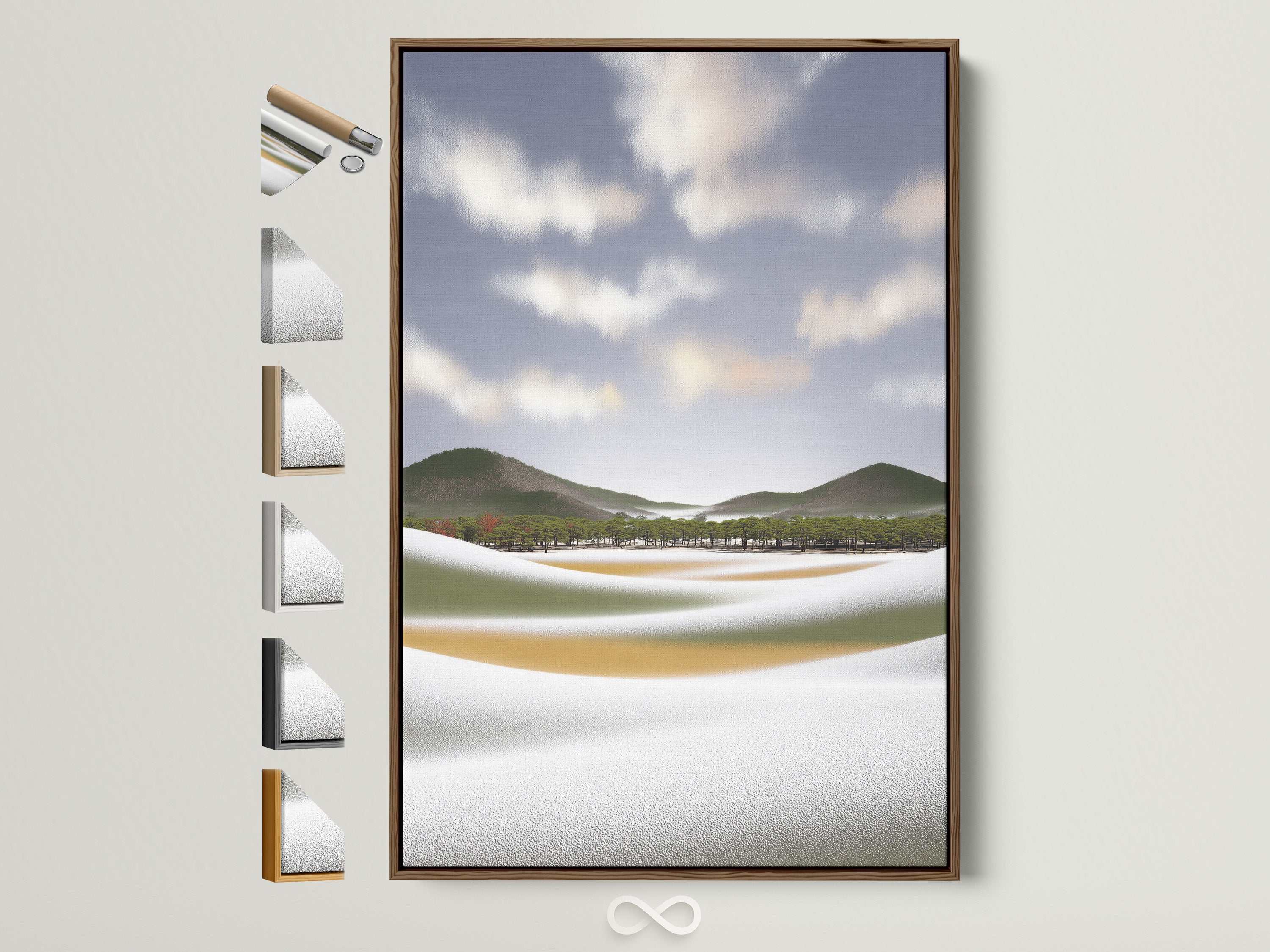 Coastal landscape artwork in a brown frame. The serene beach wall art is beautifully displayed. All frame options are visible on the side. The modern nature photography enhances bedroom wall decor. Elevate your space with this tranquil art piece.