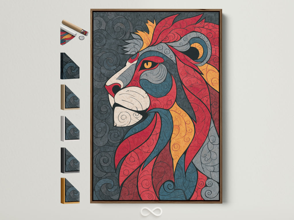 A vibrant lion artwork is framed in a brown wooden frame. The artwork features geometric shapes and bold colors. The frame options are displayed on the side. Perfect for adding a pop of color to any room. This framed art is ready to hang and enjoy.