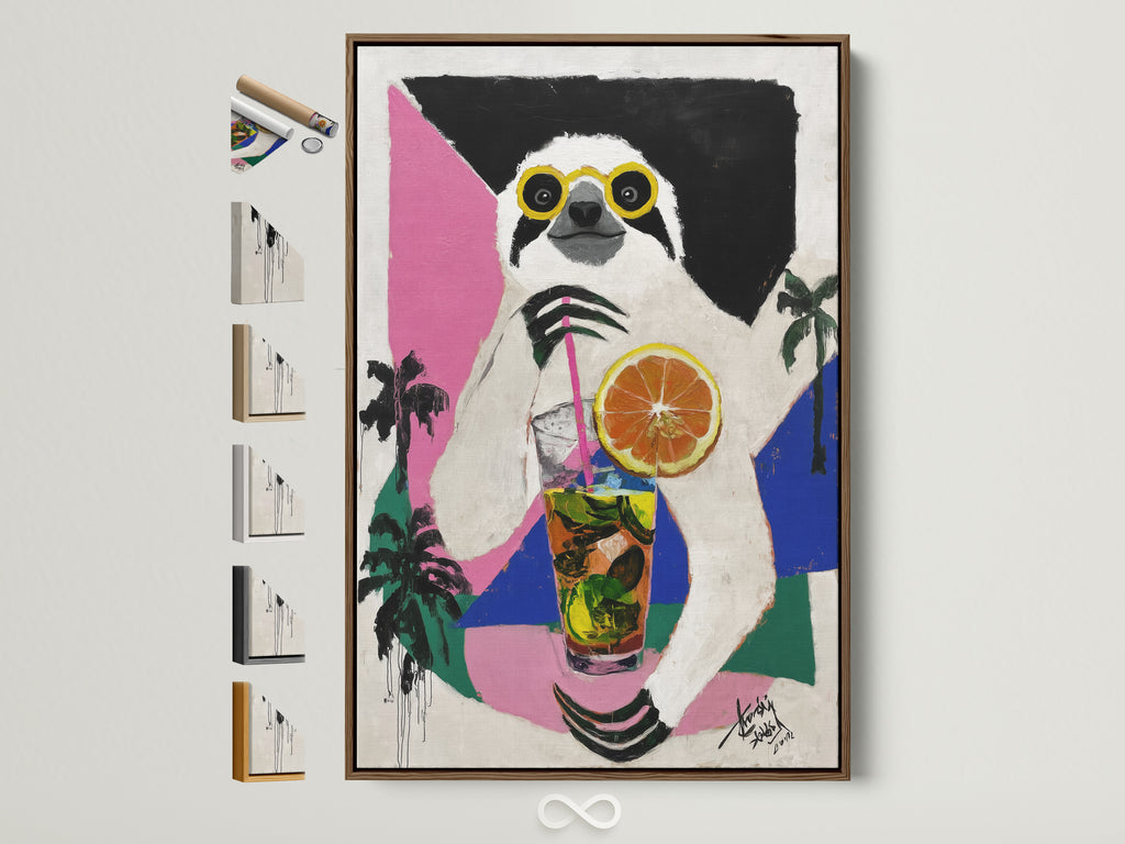 Sloth Cocktail artwork in a brown frame. This tropical animal wall art adds a quirky touch to any kitchen or bar. See all frame options available for this funny animal canvas print. It's perfect summer decor