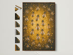 A brown frame displays the Beehive Canvas Print. All frame options are displayed on the side. It's a golden insect artwork perfect as a gift. This apiculture print elevates any space. Perfect for those who love bees or farmhouse aesthetics.