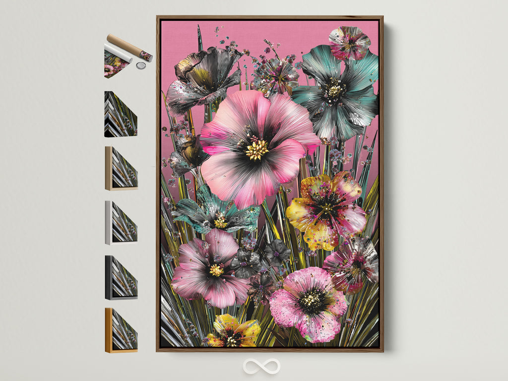 Tropical floral artwork with a brown frame. The artwork features pink hibiscus flowers. Botanical flowers artwork is perfect for bedroom wall decor. All frame options are displayed on the side.