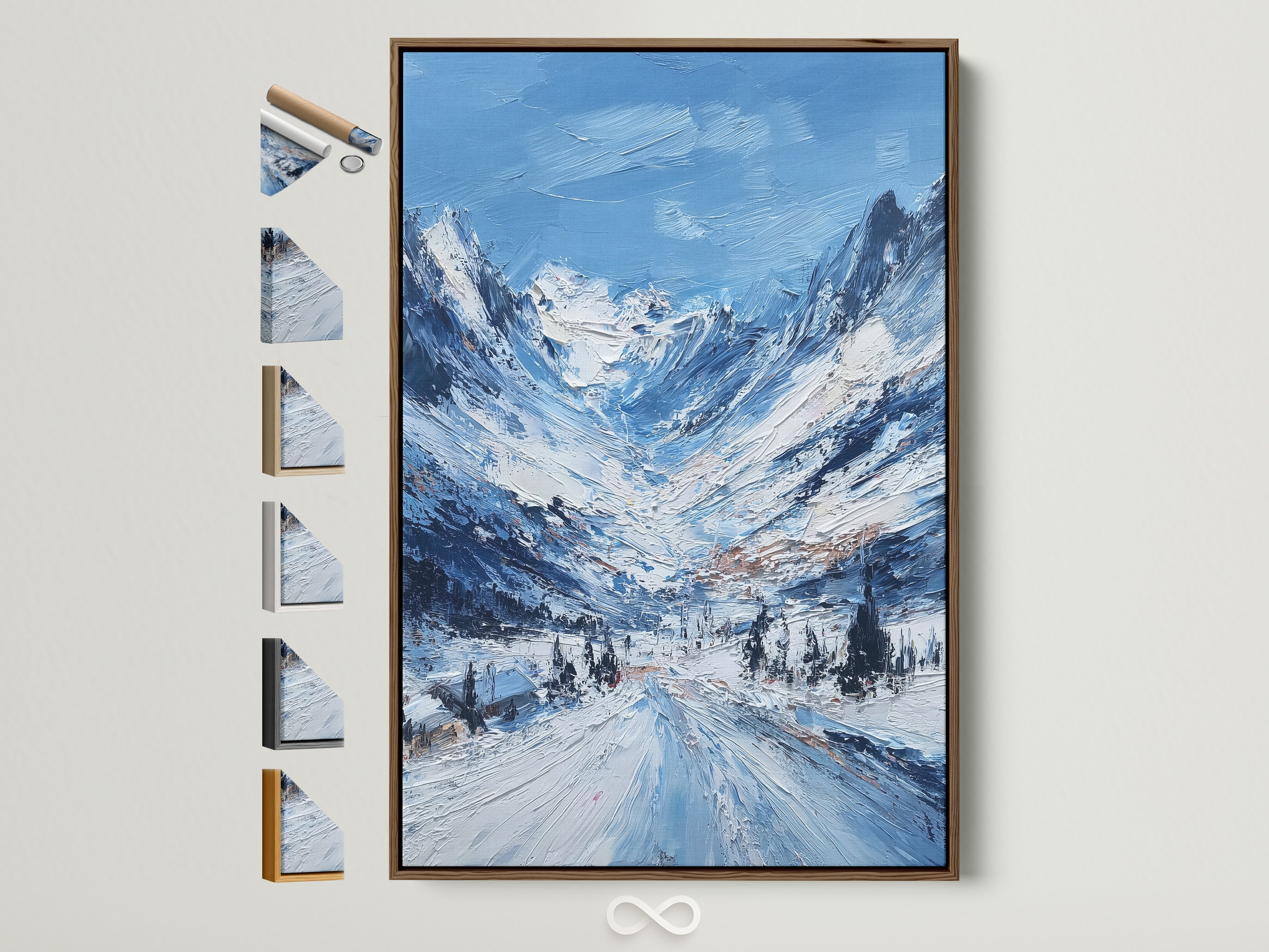 A brown frame displays a stunning artwork. This frame showcases all available frame options. Each option is presented beautifully. See the variety of styles and finishes. This allows you to customize your artwork perfectly. Find the ideal frame to complement your unique taste.