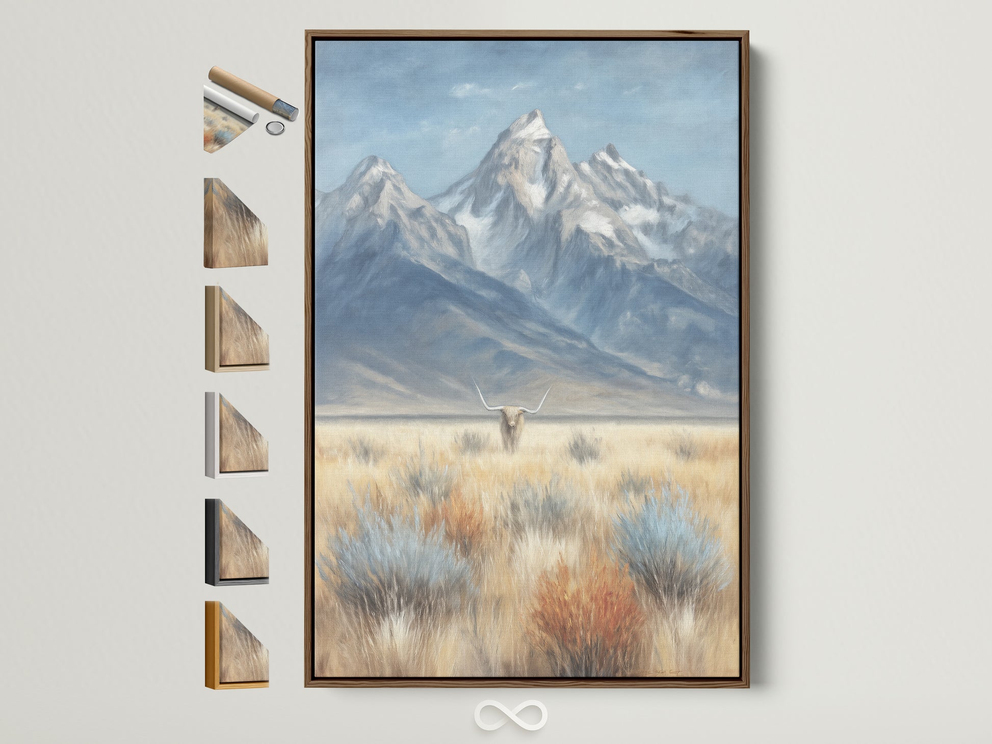 Mountain and Highland Cattle artwork in a brown frame graces a beige wall. Frame options are displayed beside it. This rustic farmhouse wall art brings countryside charm to any entryway. Discover the beauty of neutral wall art and animal canvas art.