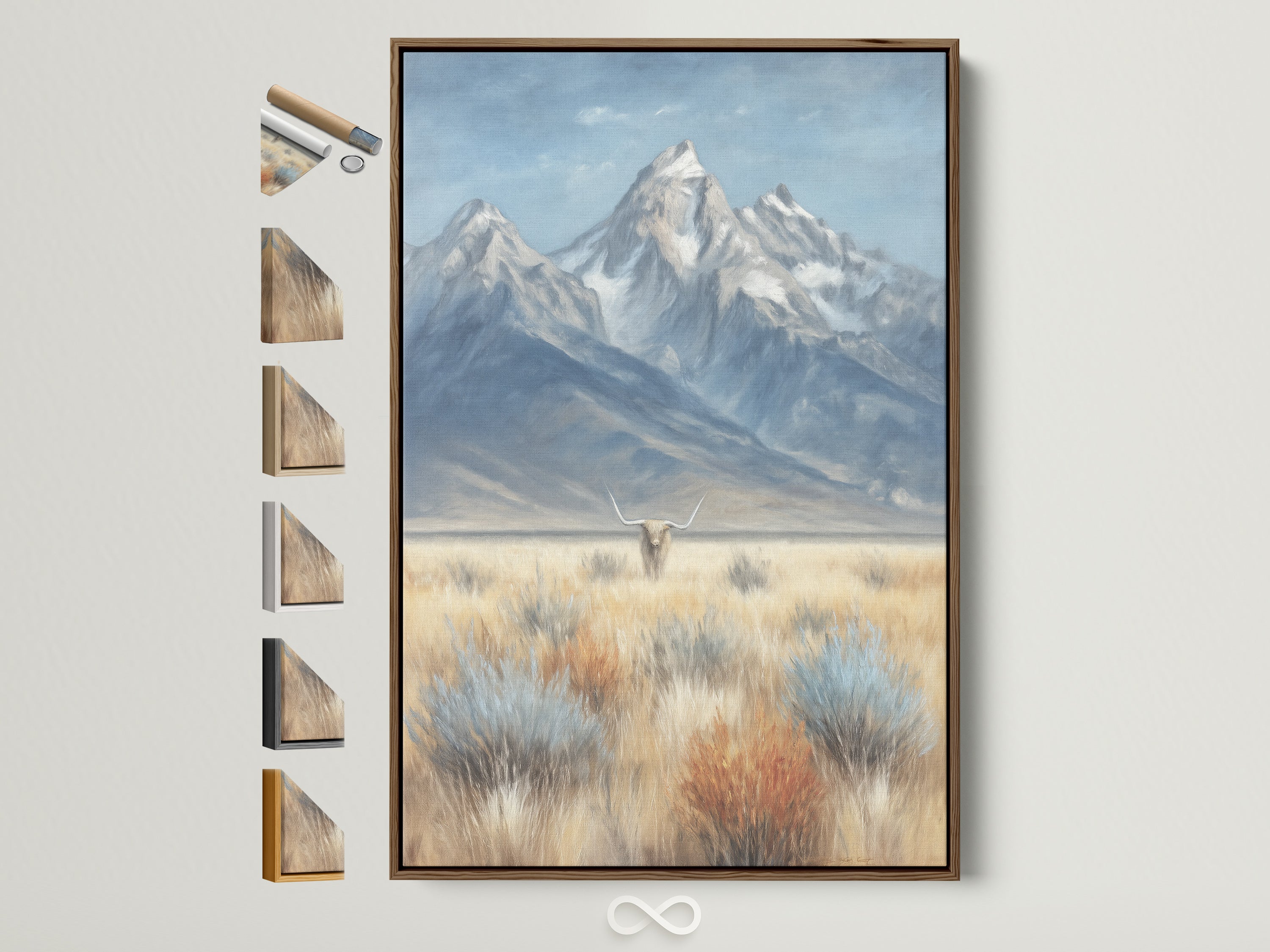 Mountain and Highland Cattle artwork in a brown frame graces a beige wall. Frame options are displayed beside it. This rustic farmhouse wall art brings countryside charm to any entryway. Discover the beauty of neutral wall art and animal canvas art.
