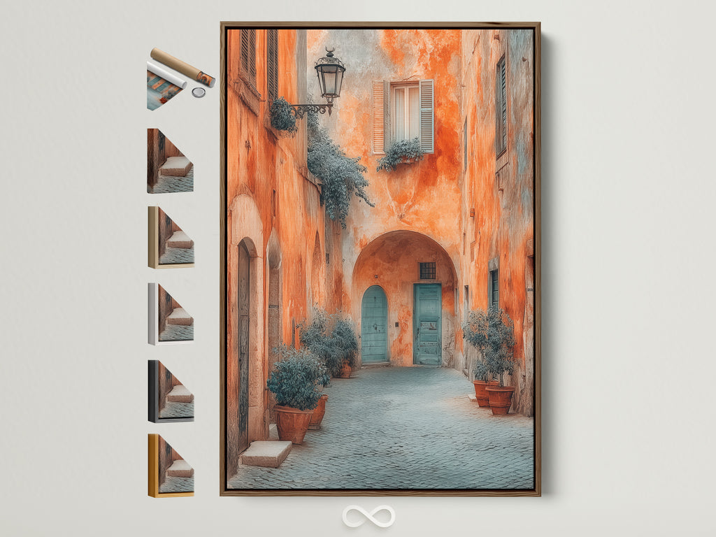 Rustic Italian Alley artwork with a Brown Frame is on display. The Tuscan architecture wall art features terracotta buildings and a blue door. This European travel photography adds an elevated touch to any office decor. Frame options are displayed on the side